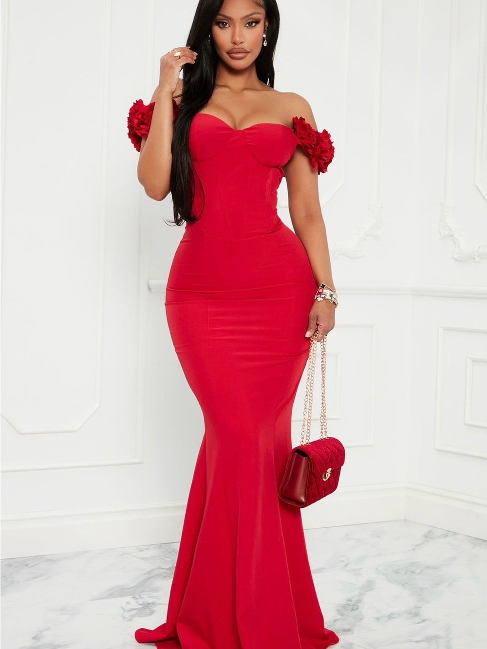 Fashion Nova Red Strapless Mermaid Gown with Floral Sleeve Accents